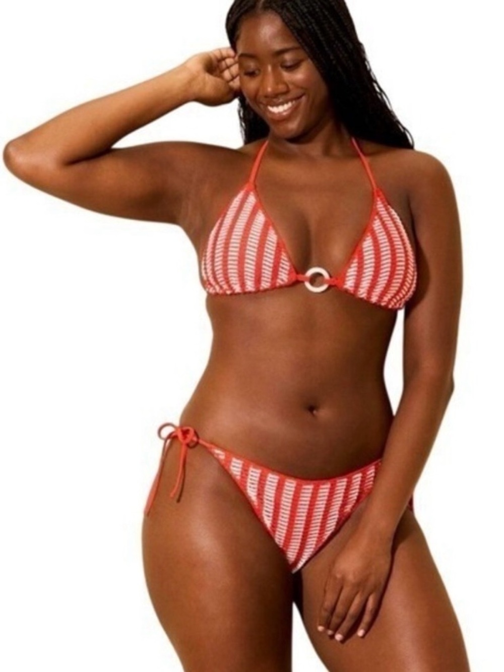 Crochet Triangle Bikini Striped Orange White Boho 70s Retro Beach Pool Medium